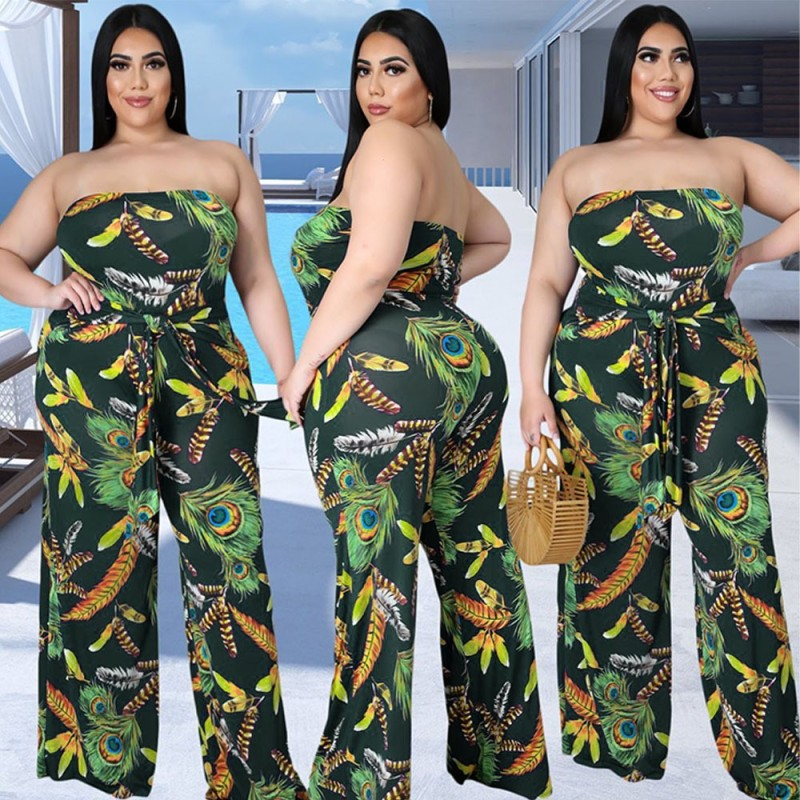 Plus Size Women Printed Tube Top Waist Wide-Leg Casual Jumpsuit