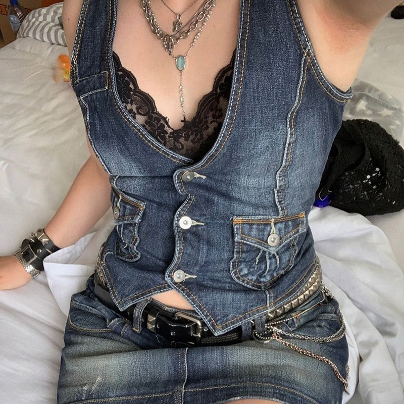 Women Fashion Vintage Slim Denim Vest