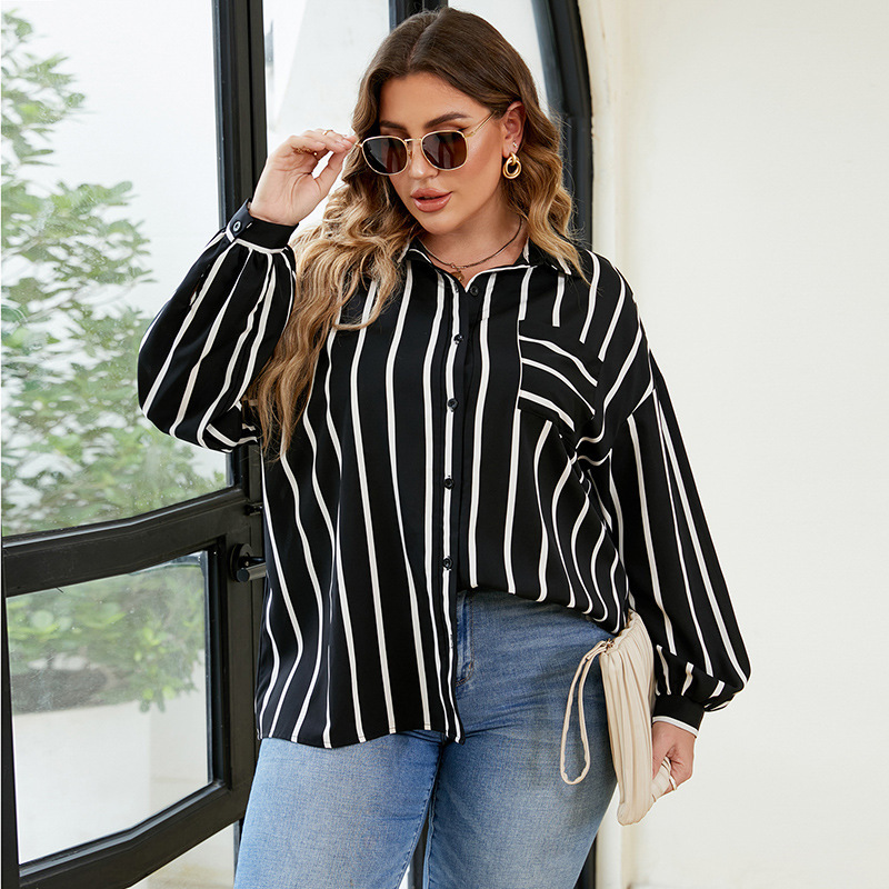 Women Plus Size Casual Loose Lapel Stripe Shirt