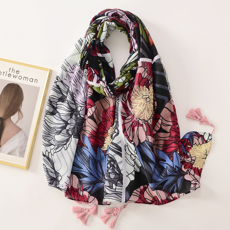 Women Fashion Big Floral Graffiti Pattern Long Shawl Scarf