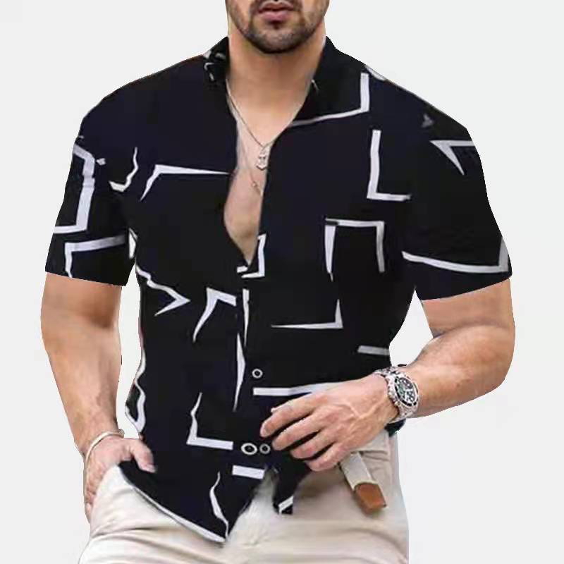 Men Fashion Short Sleeve Geometric Pattern Print Shirt