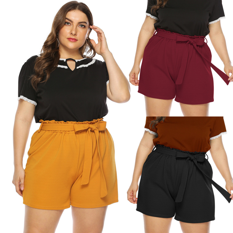 Women Plus-Size Bowknot Casual Summer Vacation Straight-Leg Shorts