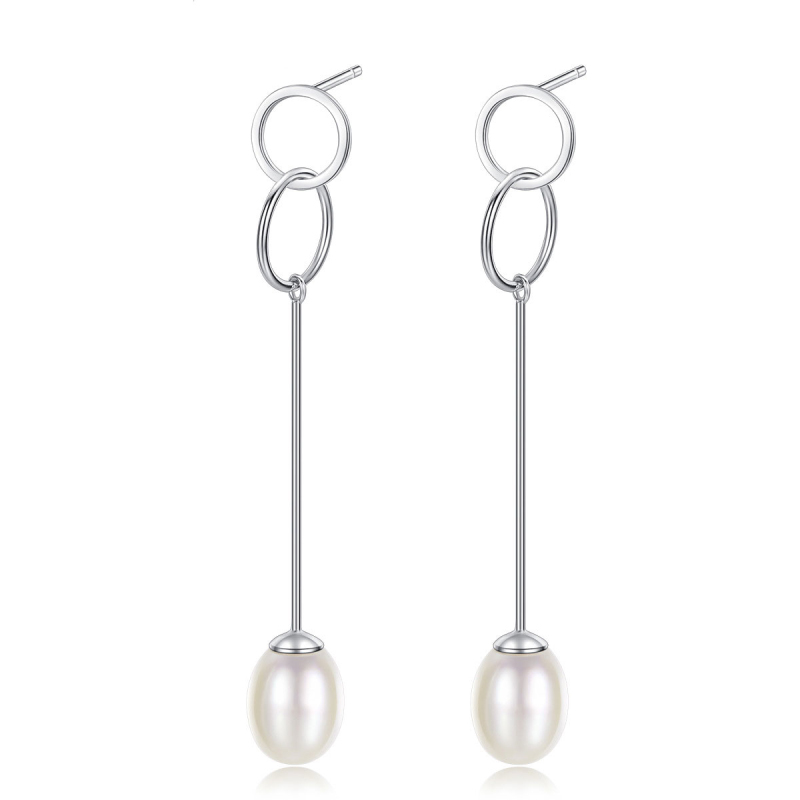 Simple Long Length Design Women Sterling Silver Natural Pearl Earrings