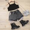 Children Kids Toddlers Fashion Girls Solid Color Camisole Top And Ripped Leopard Denim Shorts 2pcs Set