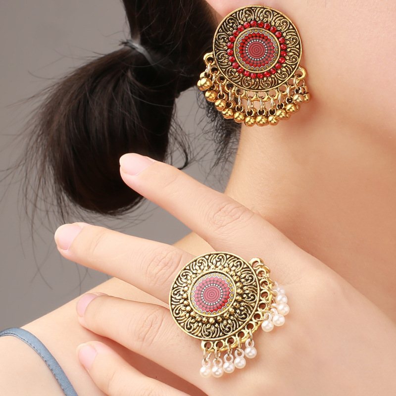 Women Vintage Bell Pendant Earrings Personality Ring Bohemian Ethnic Style Exaggerated Jewelry Set