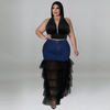 Plus Size Women Denim Layered Mesh Patchwork Skirt Halter Top Set