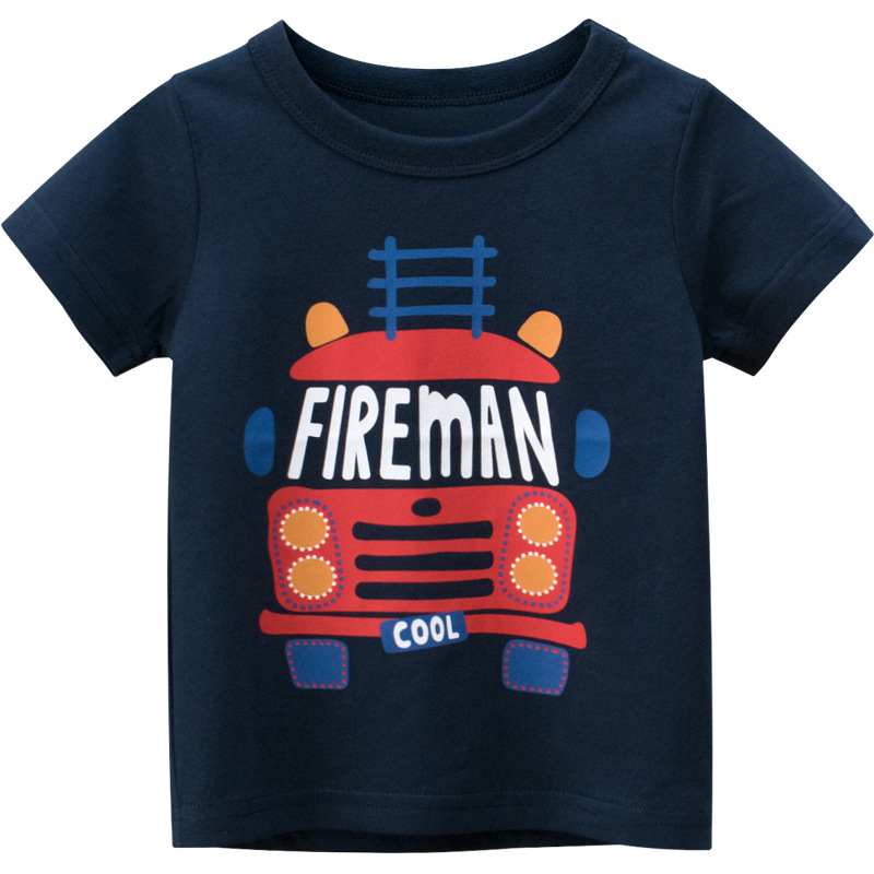 Boys Basic Cartoon Car Round Neck Short-Sleeved T-Shirt