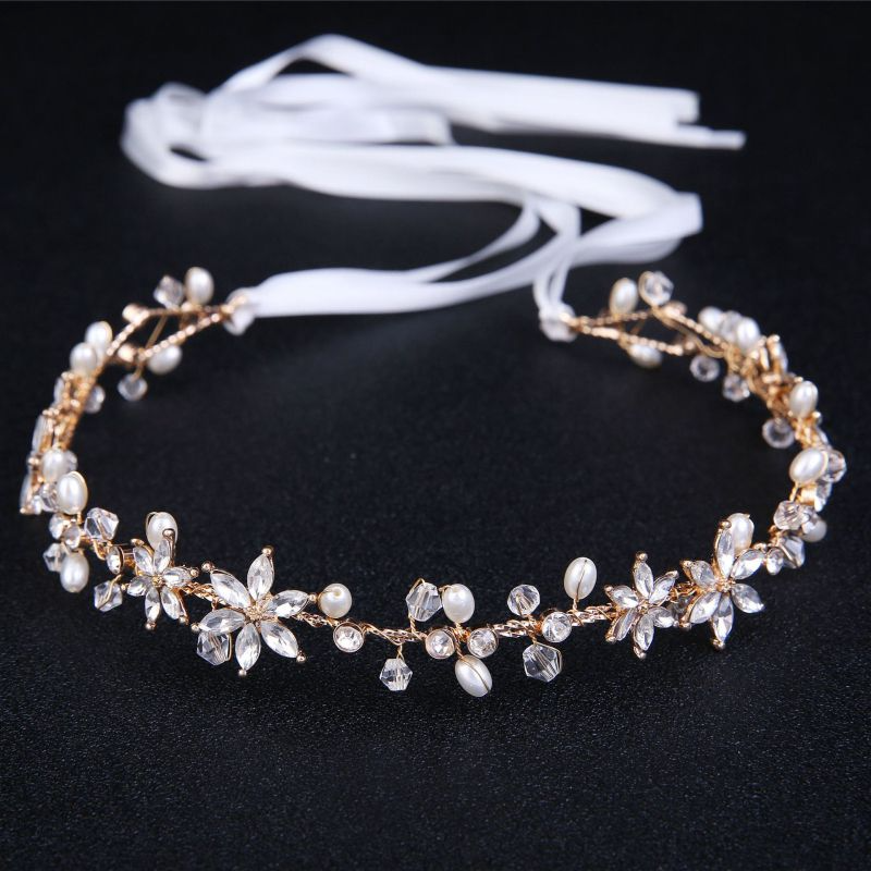 Women Rhinestone Flower Decoration Ribbon Hairband