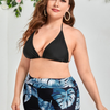Plus Size Mesh Three-Piece Bikini Long-Sleeved Leaf Print Swimsuit