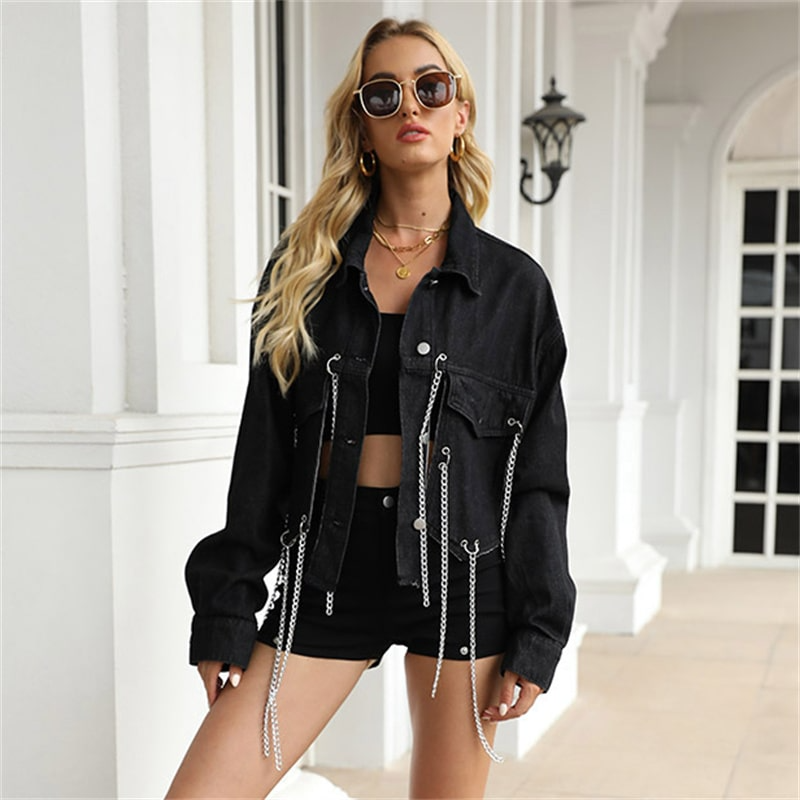 Women Edgy Long Chain Cut Out Denim Jacket