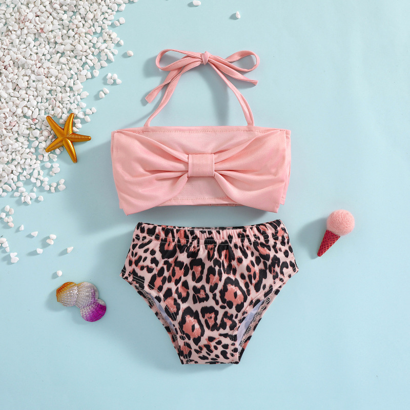 Toddlers Newborn Baby Fashion Girls Pink Bow Leopard Print Swimsuit