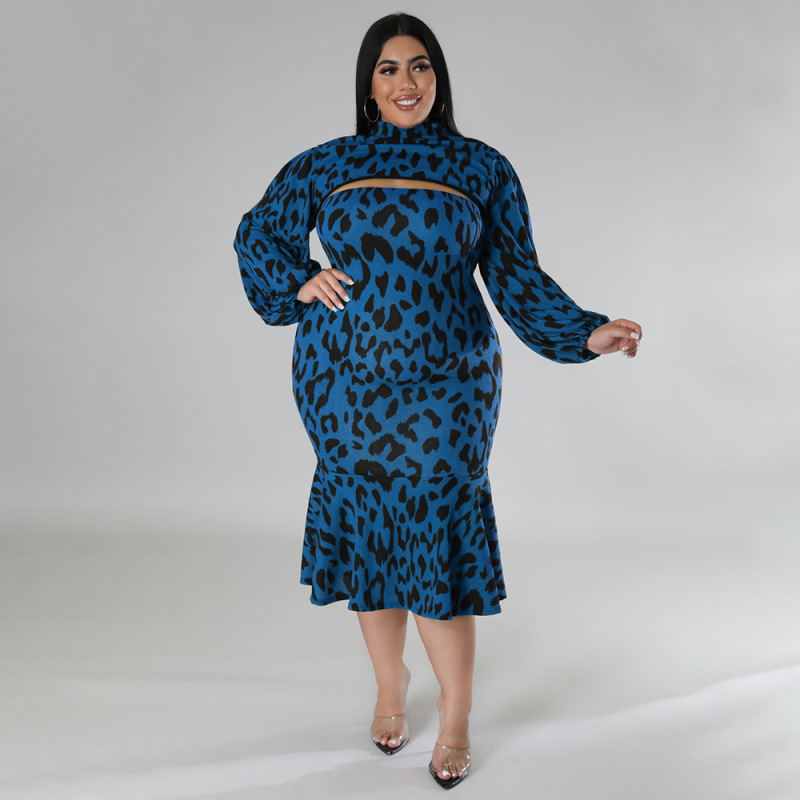 Plus Size Women Leopard Print Ruffle Skirt Two-Piece Set