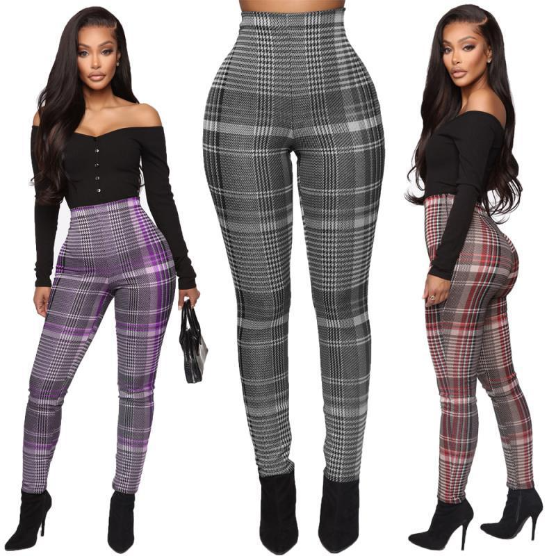 Women Casual Plaid Pattern High Waist Skinny Pants