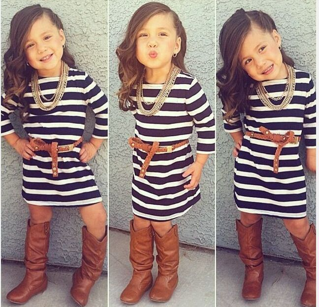 Children Kids Baby Fashion Girls Stripe Long Sleeve Dress With Belt