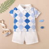 Children Kids Toddlers Boys Short-Sleeved Plaid Print Polo Top And Solid Color Shorts 2pcs Set