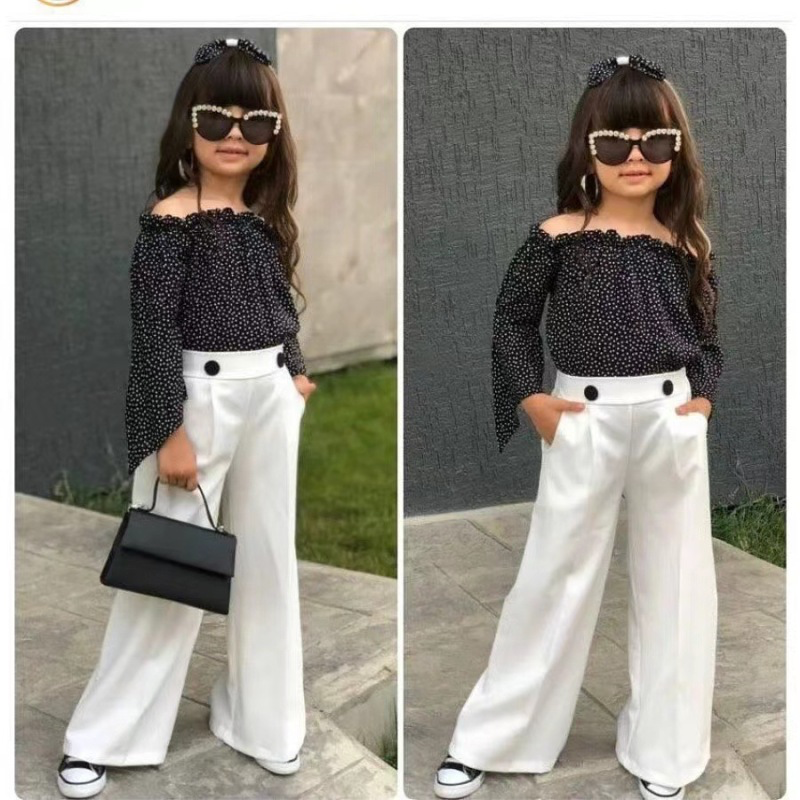 Children Kids Toddlers Fashion Girls One-Shoulder Long Sleeve Top And Solid Color Straight Pants 2pcs Set