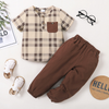 Children Kids Toddlers Fashion Boys Short-Sleeved Plaid Print Top Top And Pants 2pcs Set