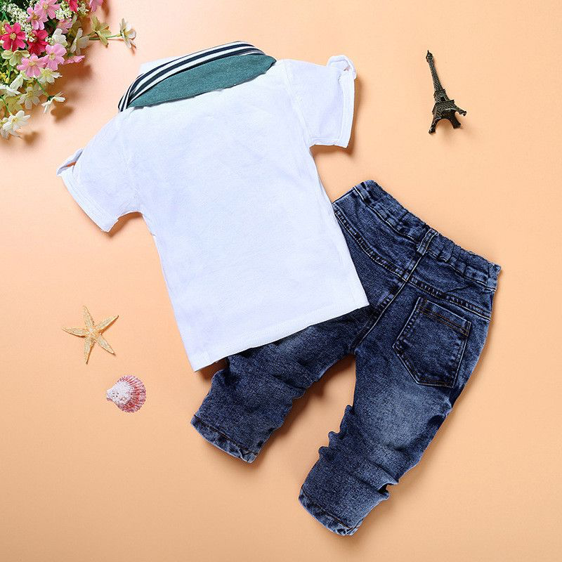 Fashion Kid Boy Shirts And Demin Jeans With Scarf 3 Pcs Set