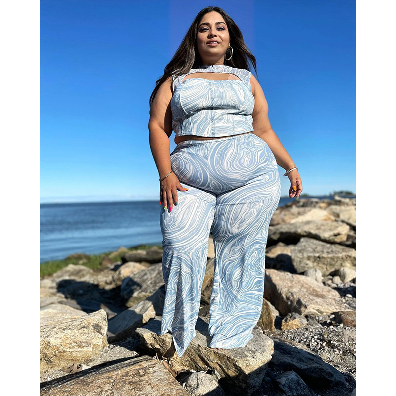 Fashion Plus Size Women Printed Hollow Sleeveless Top And Loose Wide Leg Pants Two-Piece Set