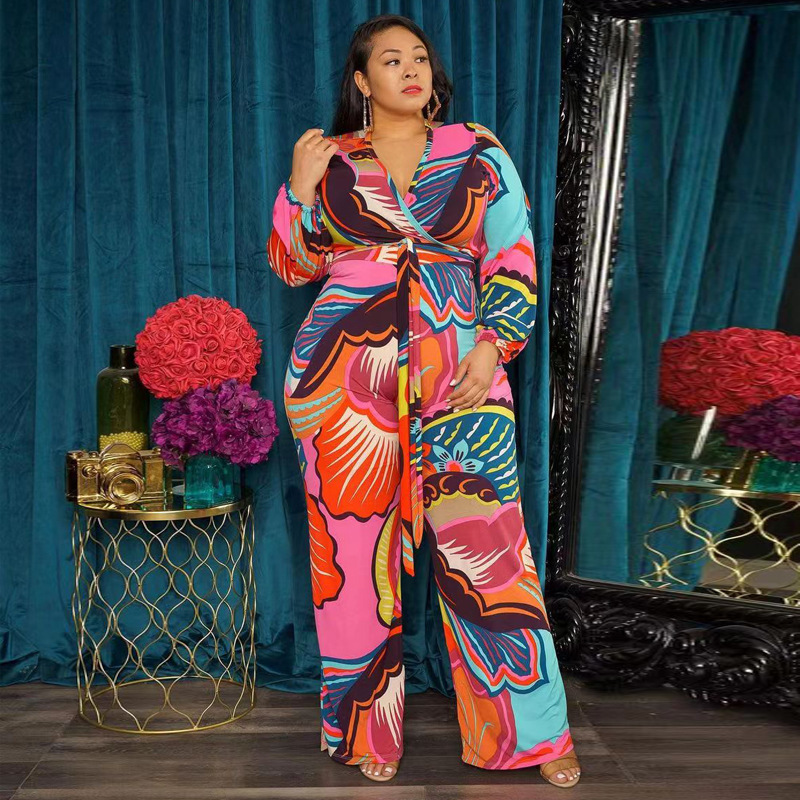 Plus Size Women V-Neck Printed Long-Sleeved Fashion Wide-Leg Jumpsuit