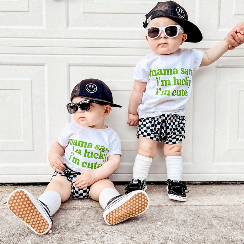 Toddlers Newborn Baby Fashion Boys Short-Sleeved Letter Top And Plaid Shorts 2pcs Set