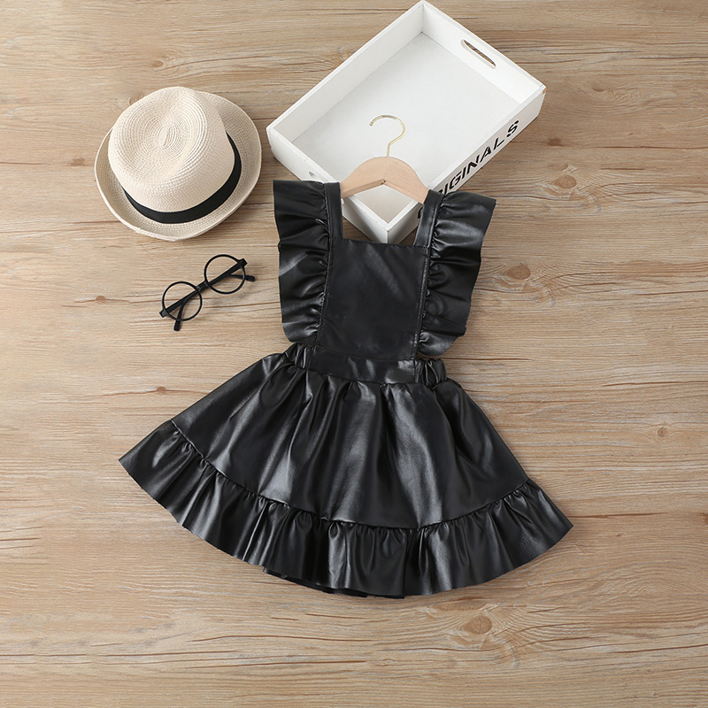 Children Kids Toddlers Fashion Girls Black Pu Leather Ruffled A-Line Dress