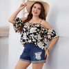 Women Plus Size Fashion Flower Print Chiffon Off Collar Sling Blouse