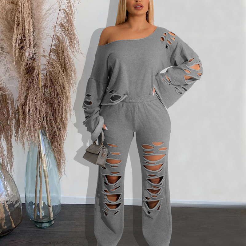 Women Solid Color Loose Long Sleeve Ripped Top And High Waist Wide Leg Pants Two-Piece Set