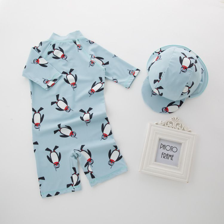 2 Pcs Boys Cute Penguin Printed Swimwear And Cap