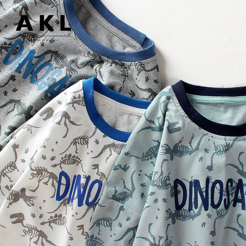 Kids Boys Casual Dinosaur All Over Print Round Neck Short Sleeve Loose T-Shirt