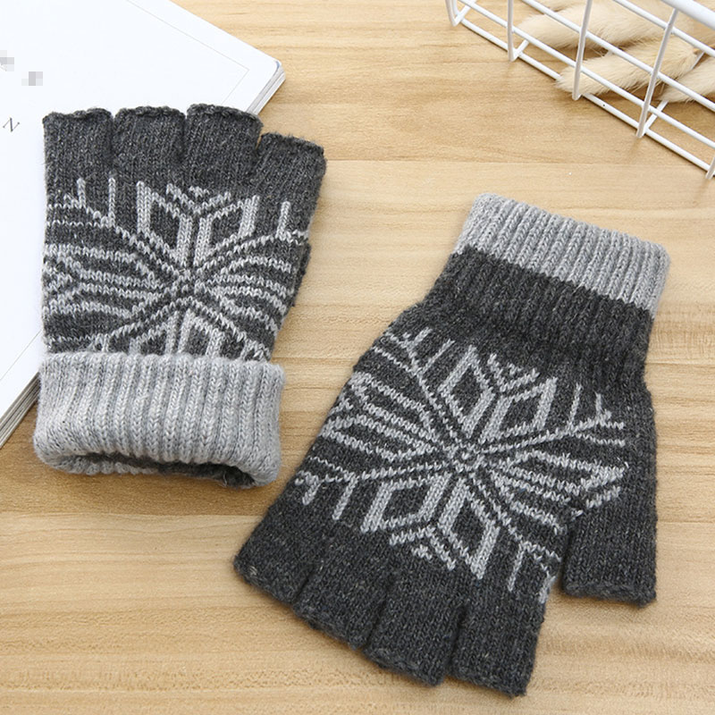 Men Winter Snowflake Pattern Warm Fingerless Knit Gloves