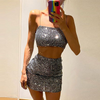 Women Fashion Sexy Sequin Spaghetti Strap Crop Camis And Mini Skirt Set