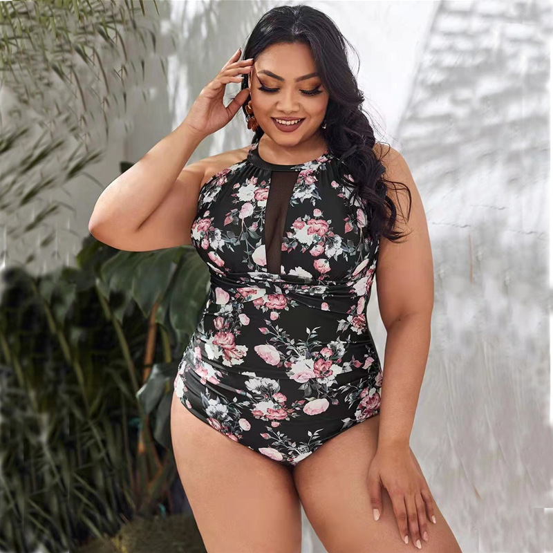 One-Piece Plus-Size Bikini Retro Printing Mesh Stitching Tight Swimsuit For Women