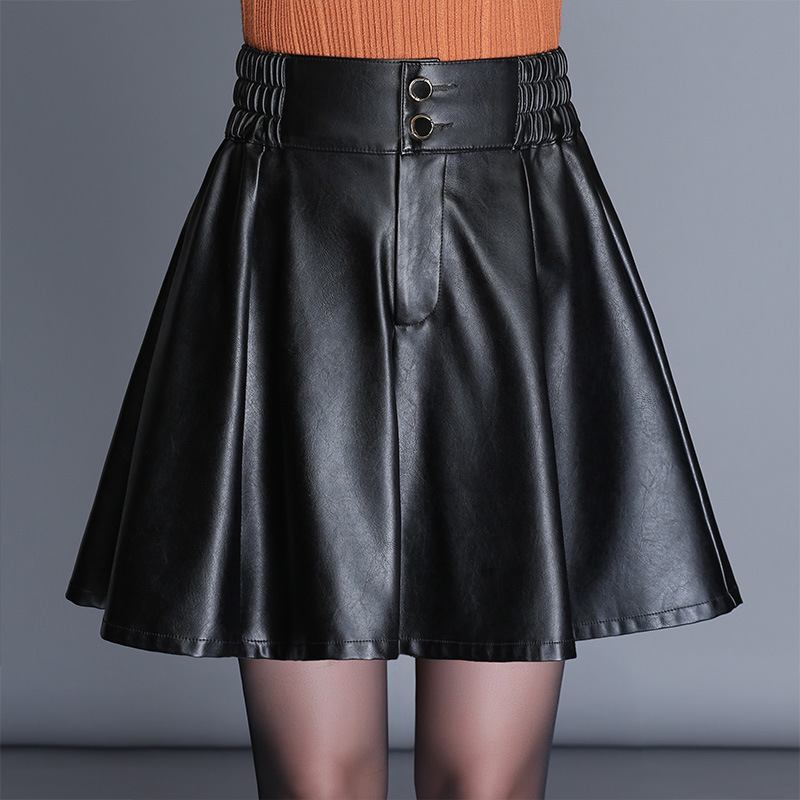 Women Solid Color Pu High Waist Elastic Fashion Pleated Skirt