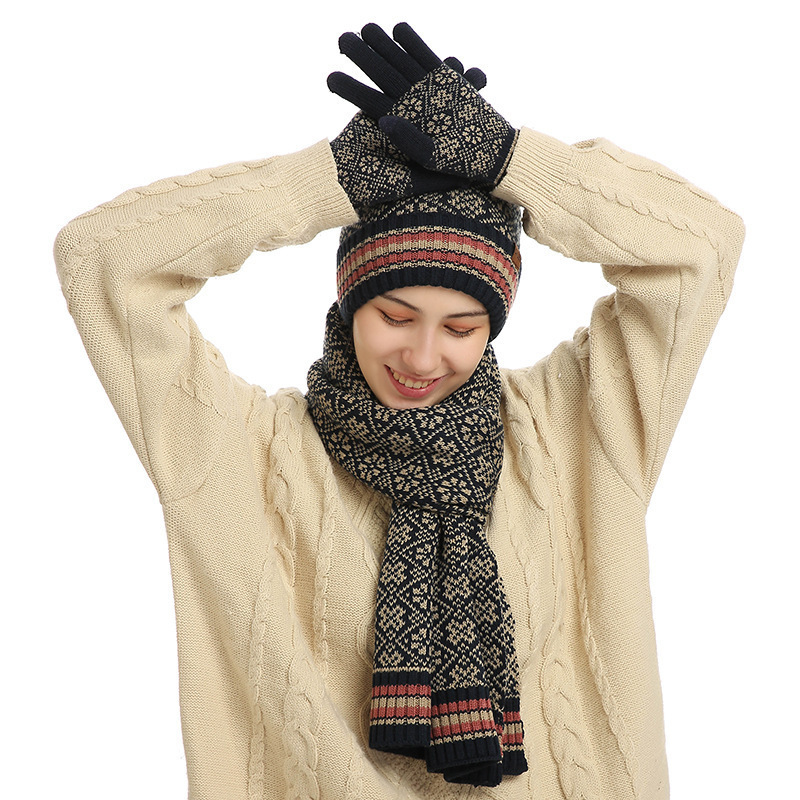 Women Men Winter Casual Acrylic Knitted Wool Hat Scarf Gloves Three-Piece Set