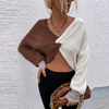 Women Autumn Winter Casual V Neck Long Sleeve Color Blocking Cropped Knitted Sweater