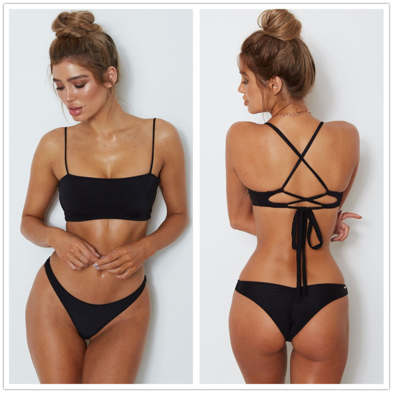 Women Sexy Solid Color Basic Spaghetti Strap Bandage Bikini Swimwear