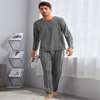 Men Casual Round Neck Long Sleeve Pajamas Plaid Trousers Suit