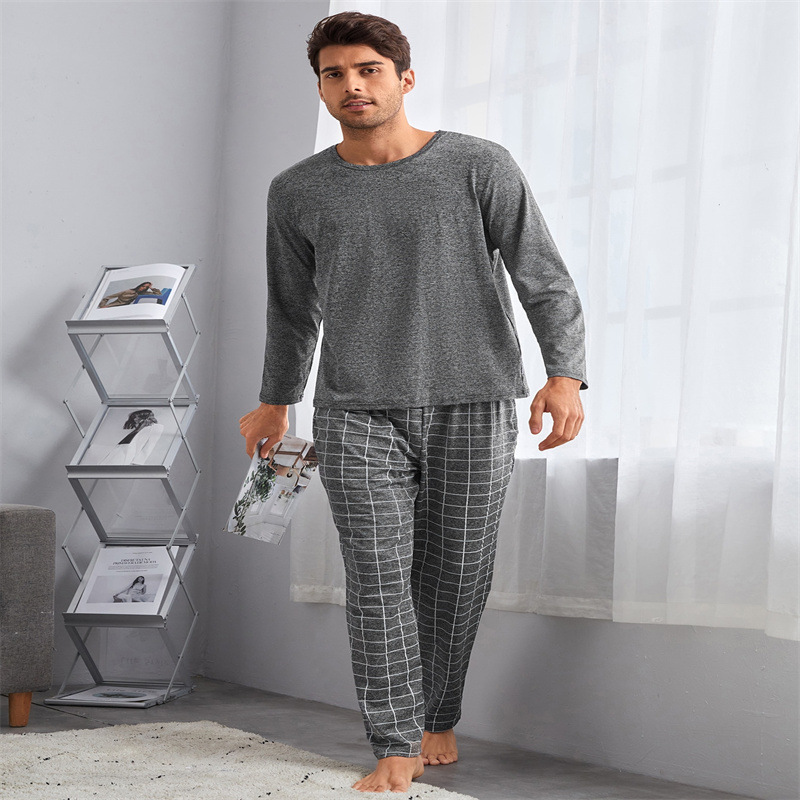Men Casual Round Neck Long Sleeve Pajamas Plaid Trousers Suit