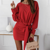 Women Elegant Casual Solid Color Long-Sleeved Round Neck Knotted Dress