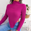 Women Sexy Half Turtleneck Long-Sleeved Asymmetric Hem Knitted Solid Color Sweater