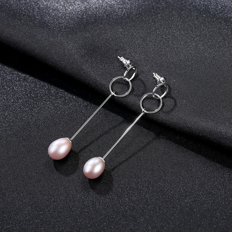 Simple Long Length Design Women Sterling Silver Natural Pearl Earrings