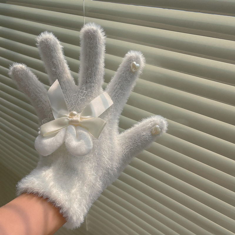 Women Winter Rabbit Ear Bow Fleece Gloves