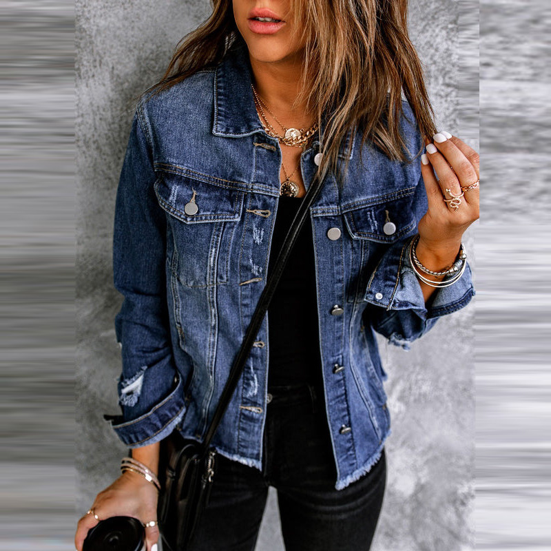 Women Fashion Ripped Raw Hem Slim Denim Jacket