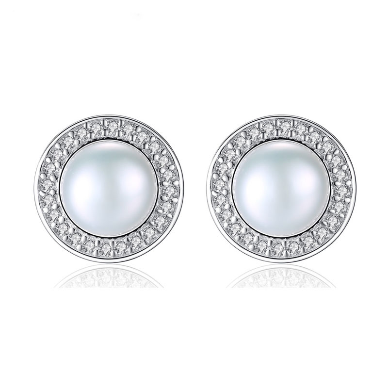 Women Luxury Zircon Natural Freshwater Pearl Silver Stud Earrings