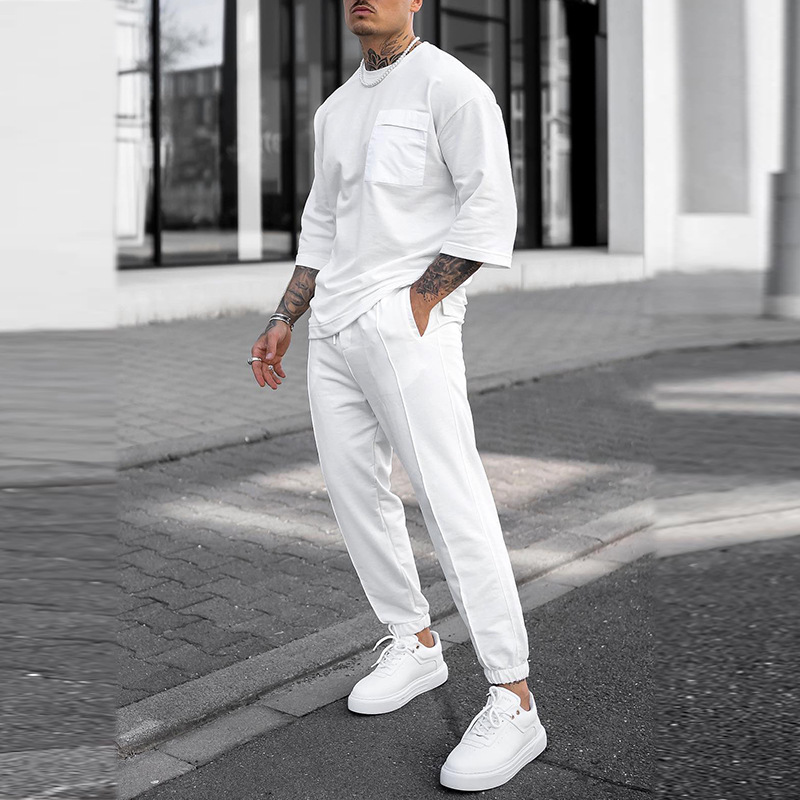 Men Casual Solid Color T-Shirt Trousers Loose Set