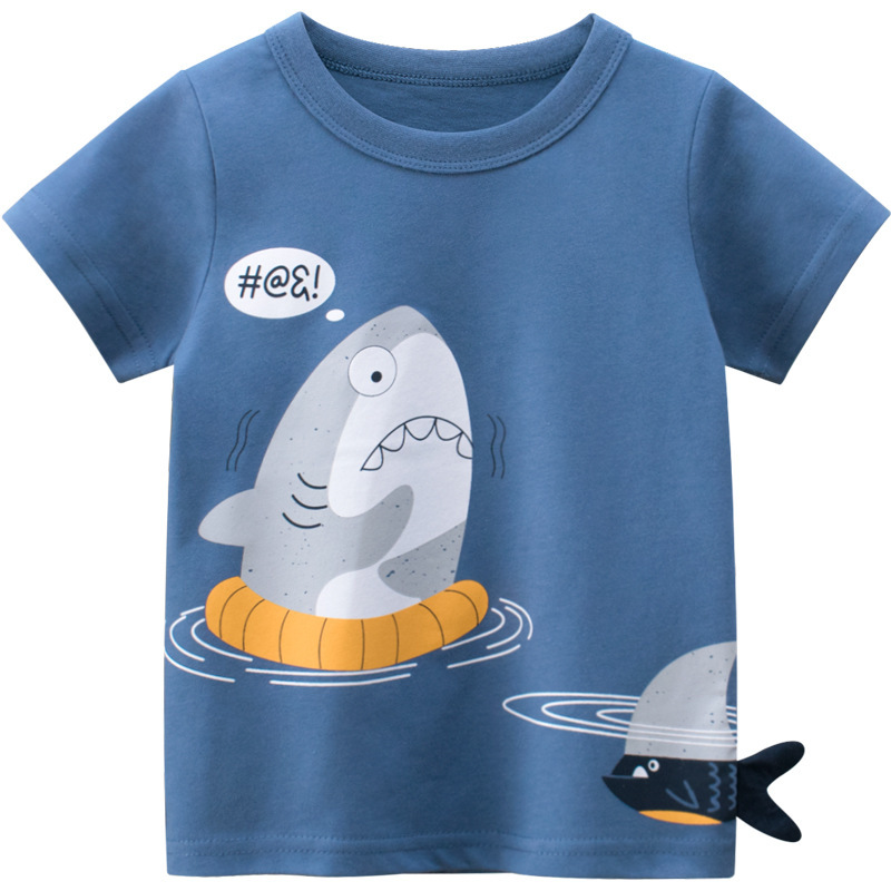 Boys Basic Cartoon Shark Letter Round Neck Short-Sleeved T-Shirt