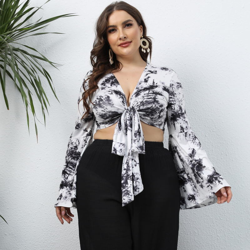 Plus Size Women Fashion Vacation Tie-Dye Deep V Flare Sleeve Crop Blouse