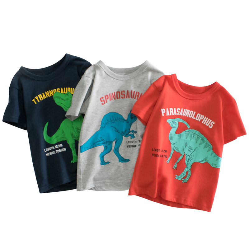 Kids Boys Casual Cartoon Dinosaur Letter Pattern Round Neck Short Sleeve Loose T-Shirt