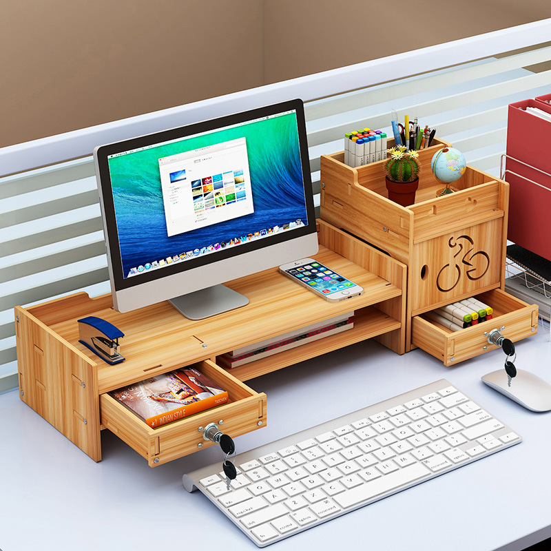 Simple And Modern Computer Monitor Elevated Shelf Wood Desktop Storage Rack Set